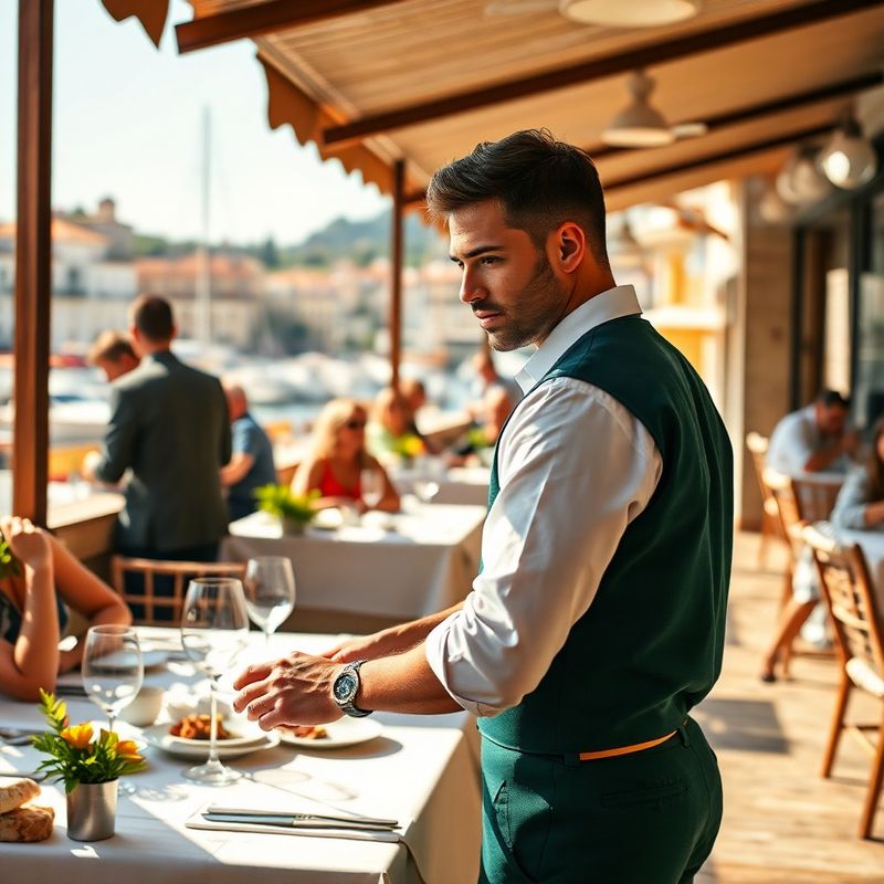 Konobar poslužuje goste na terasi dalmatinskog restorana